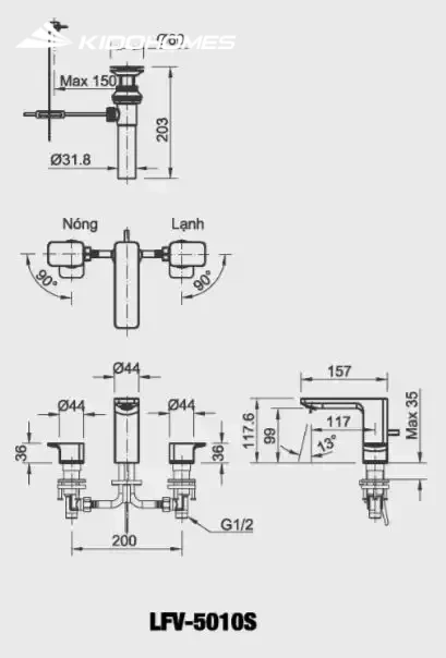Bản vẽ kỹ thuật Vòi chậu rửa mặt INAX LFV-5010S nóng lạnh 3 lỗ