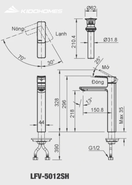 Vòi chậu rửa mặt INAX LFV-5012SH – Nóng lạnh Bản vẽ kỹ thuật Vòi chậu rửa mặt INAX LFV-5012SH - Nóng lạnh