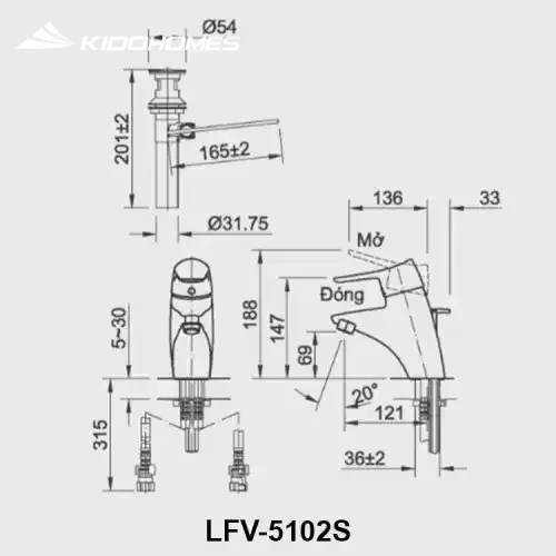 Bản vẽ kỹ thuật Vòi chậu rửa mặt INAX LFV-5102S nóng lạnh