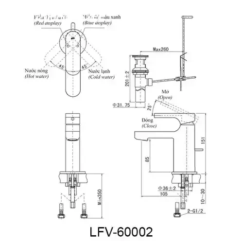 Bản vẽ kỹ thuật Vòi chậu rửa mặt INAX LFV-6002S - Nóng lạnh