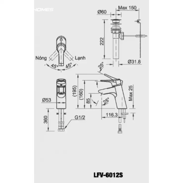 Bản vẽ kỹ thuật Vòi chậu rửa mặt INAX LFV-6012S - Nóng lạnh