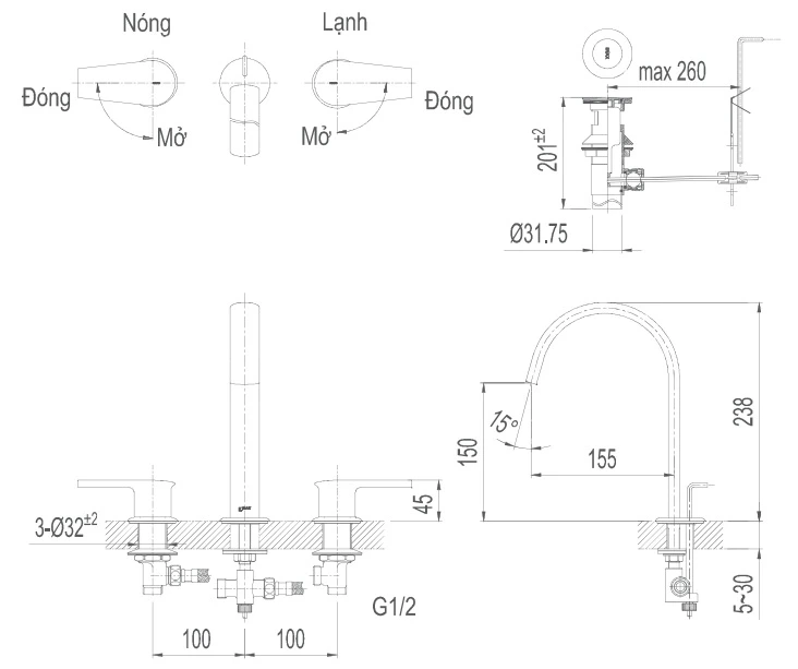Bản vẽ kỹ thuật Vòi chậu rửa mặt INAX LFV-7100B nóng lạnh 3 lỗ