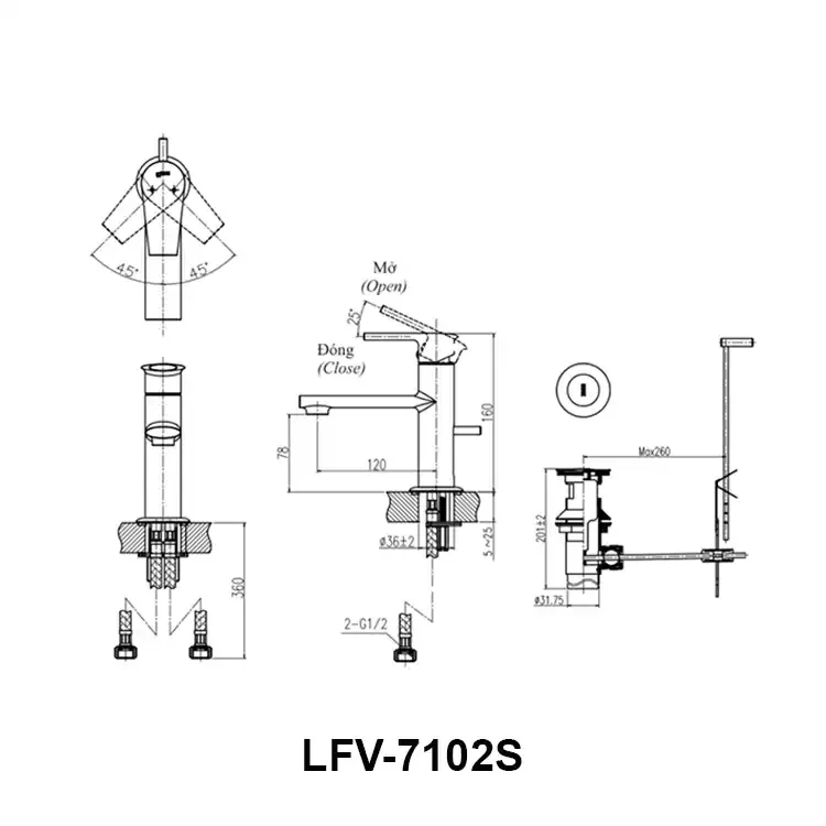 Bản vẽ kỹ thuật Vòi chậu rửa mặt INAX LFV-7102S nóng lạnh