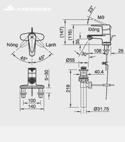 Bản vẽ kỹ thuật Vòi chậu rửa mặt nóng lạnh INAX LFV-1101S-1