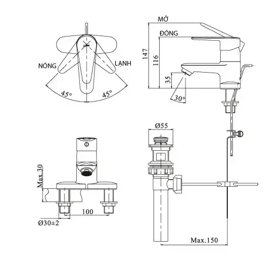 Bản vẽ kỹ thuật Vòi chậu rửa mặt nóng lạnh INAX LFV-1102S-1