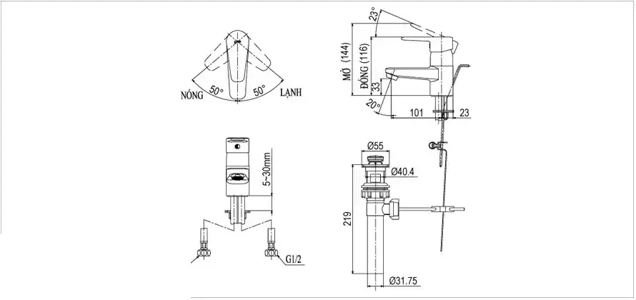 Bản vẽ kỹ thuật Vòi chậu rửa mặt nóng lạnh INAX LFV-1202S-1