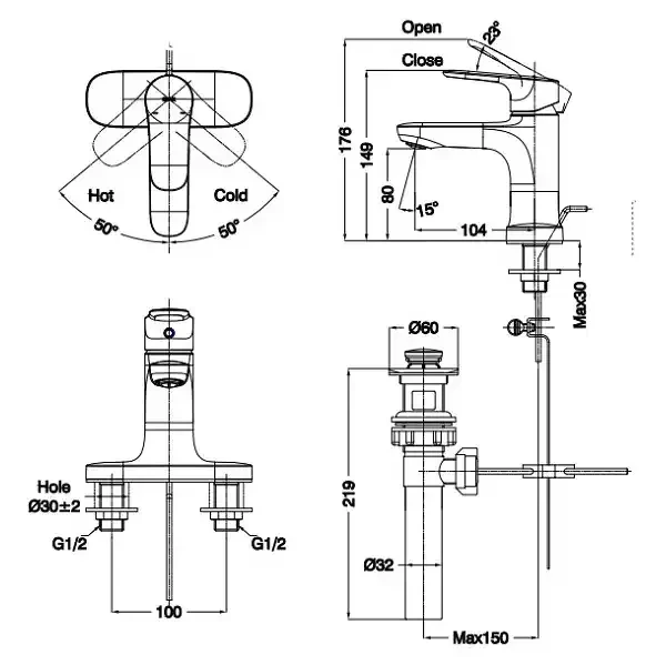 Vòi chậu lavabo nóng lạnh INAX LFV-1401S Bản vẽ kỹ thuật Vòi chậu rửa mặt nóng lạnh INAX LFV-1401S