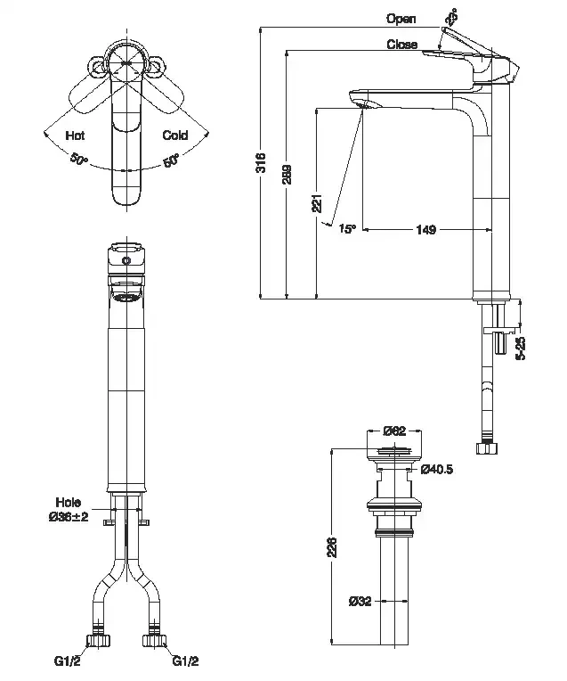 Bản vẽ kỹ thuật Vòi chậu rửa mặt nóng lạnh INAX LFV-1402SH