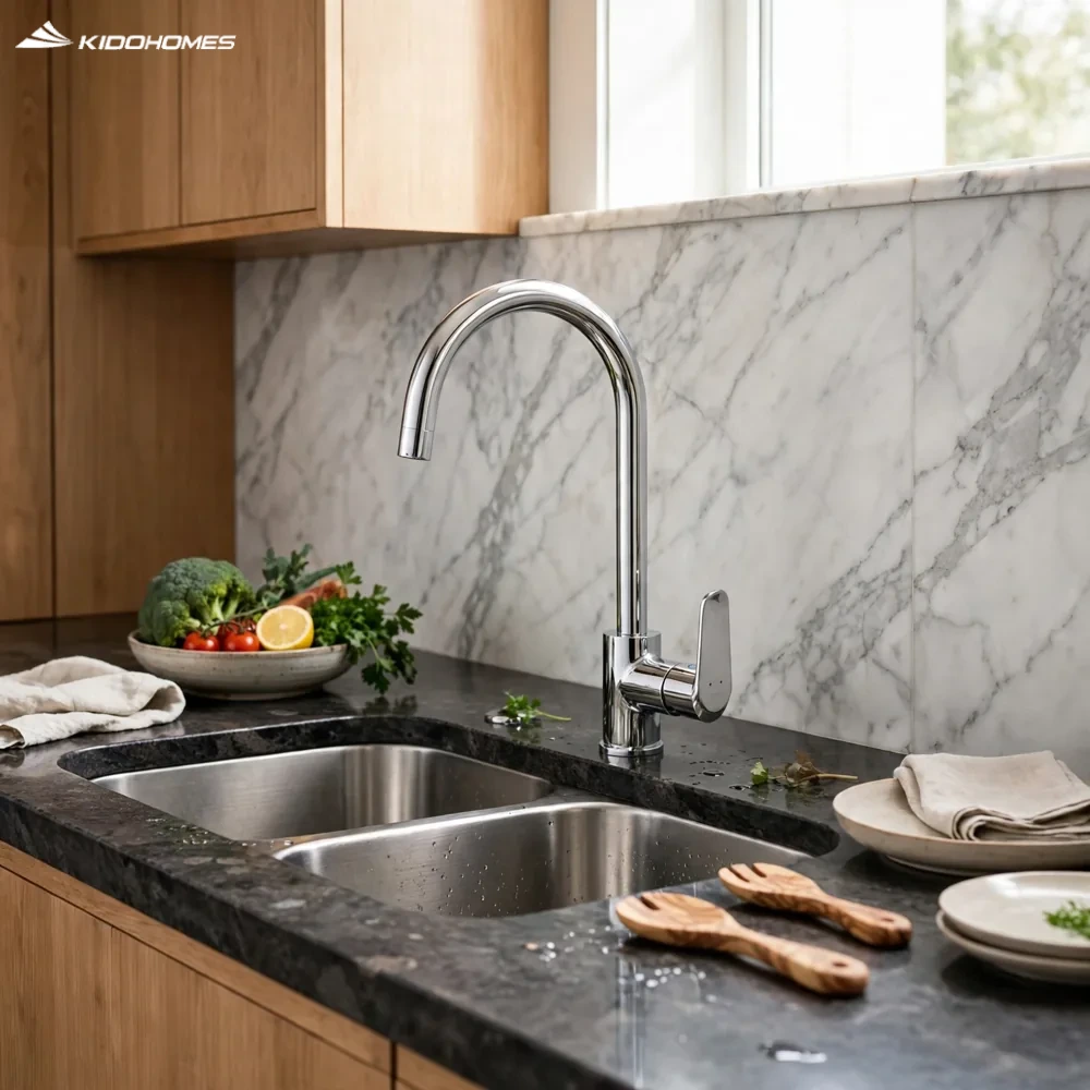 Không gian bếp sang trọng với vòi rửa bát nóng lạnh INAX SFV-800S cổ ngỗng gắn trên chậu rửa đôi